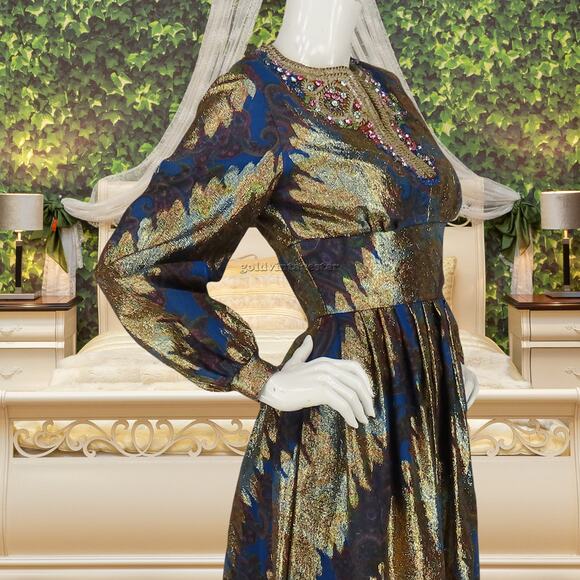 60s Vintage Pat Sandler Gold Metallic Beaded Dress M - Picture 16 of 16